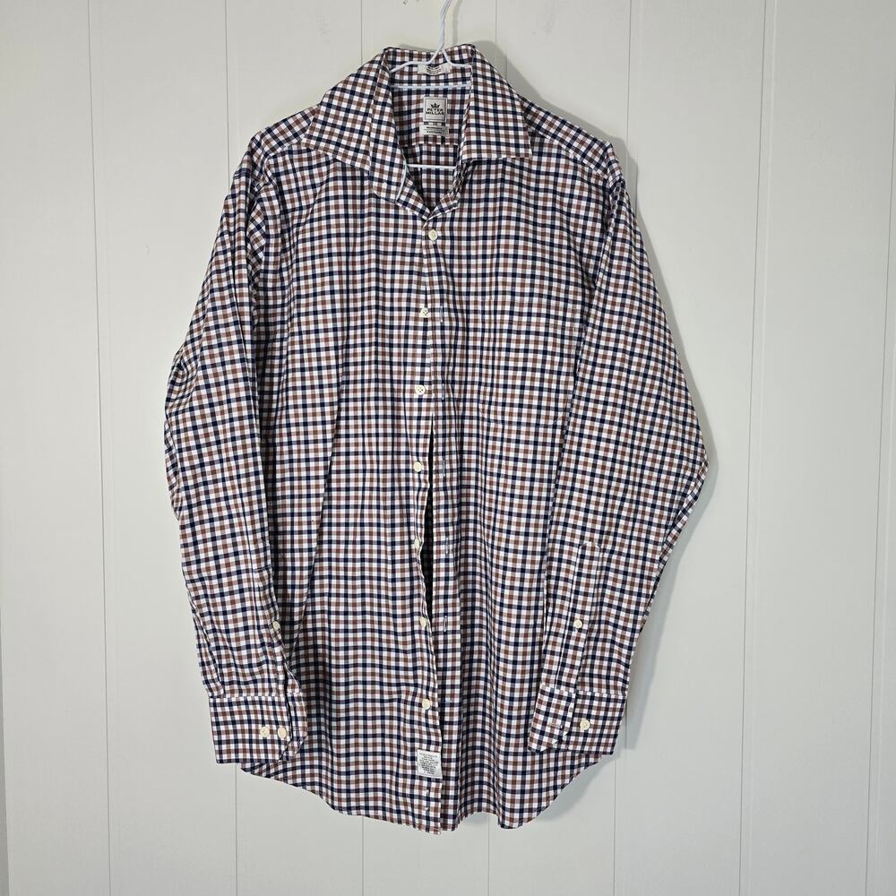 Peter Millar Check Button Shirt, Long Sleeve, Brown Navy Size /Long